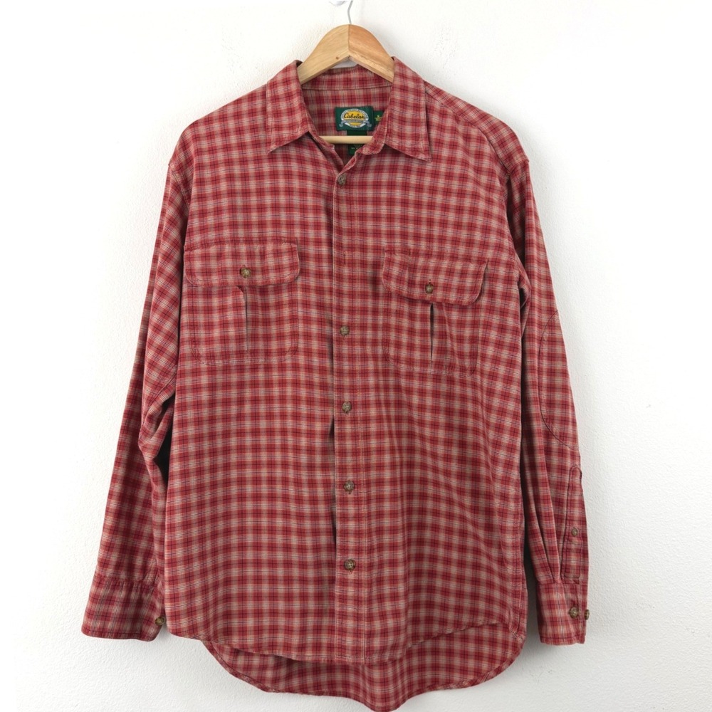 VTG Cabelas Mens Medium Red Plaid Long Sleeve Button Down Cotton Shirt